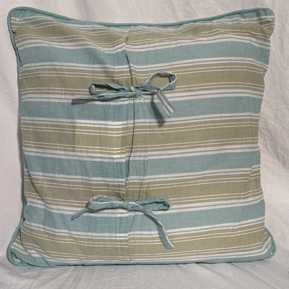 Embroidered  Bird On a Plant Throw Pillow Blue & Green With Tie Closure